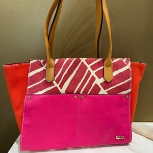 Kate Landry Colorful bag, Orange/white/Pink with tan leather straps, like new